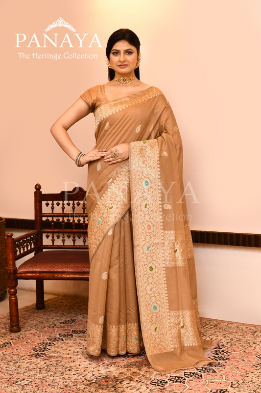 Saree Kora Cotton Silk With Banarasi aanchal & Border with Meenedar Booti