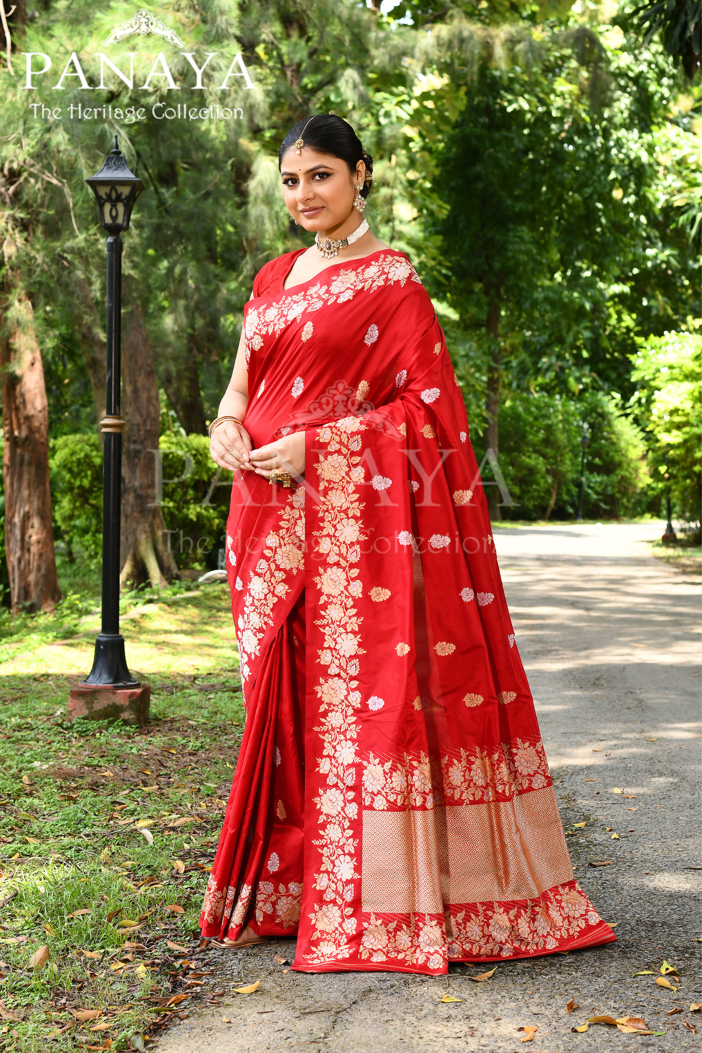 Saree Katan Silk Handwoven with Banrasi Aanchal & Border with Gold & Silver Booti