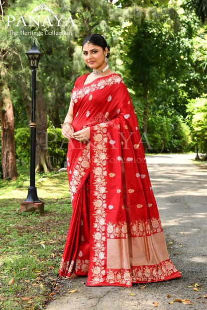 Saree Katan Silk Handwoven with Banrasi Aanchal & Border with Gold & Silver Booti