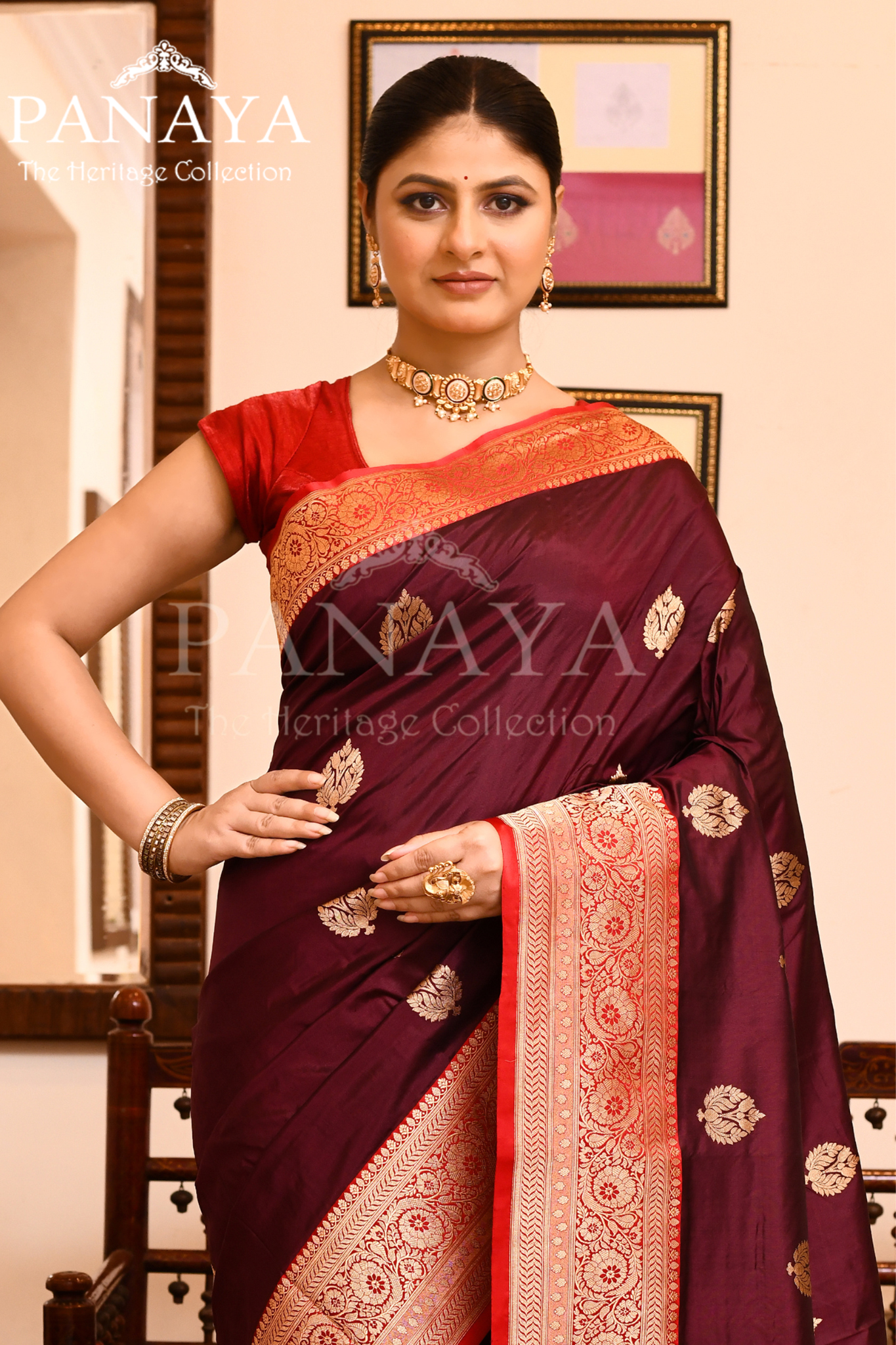 Saree Katan Silk with Contrast Banarasi Aanchal & Border with Gold Zari Boota Design