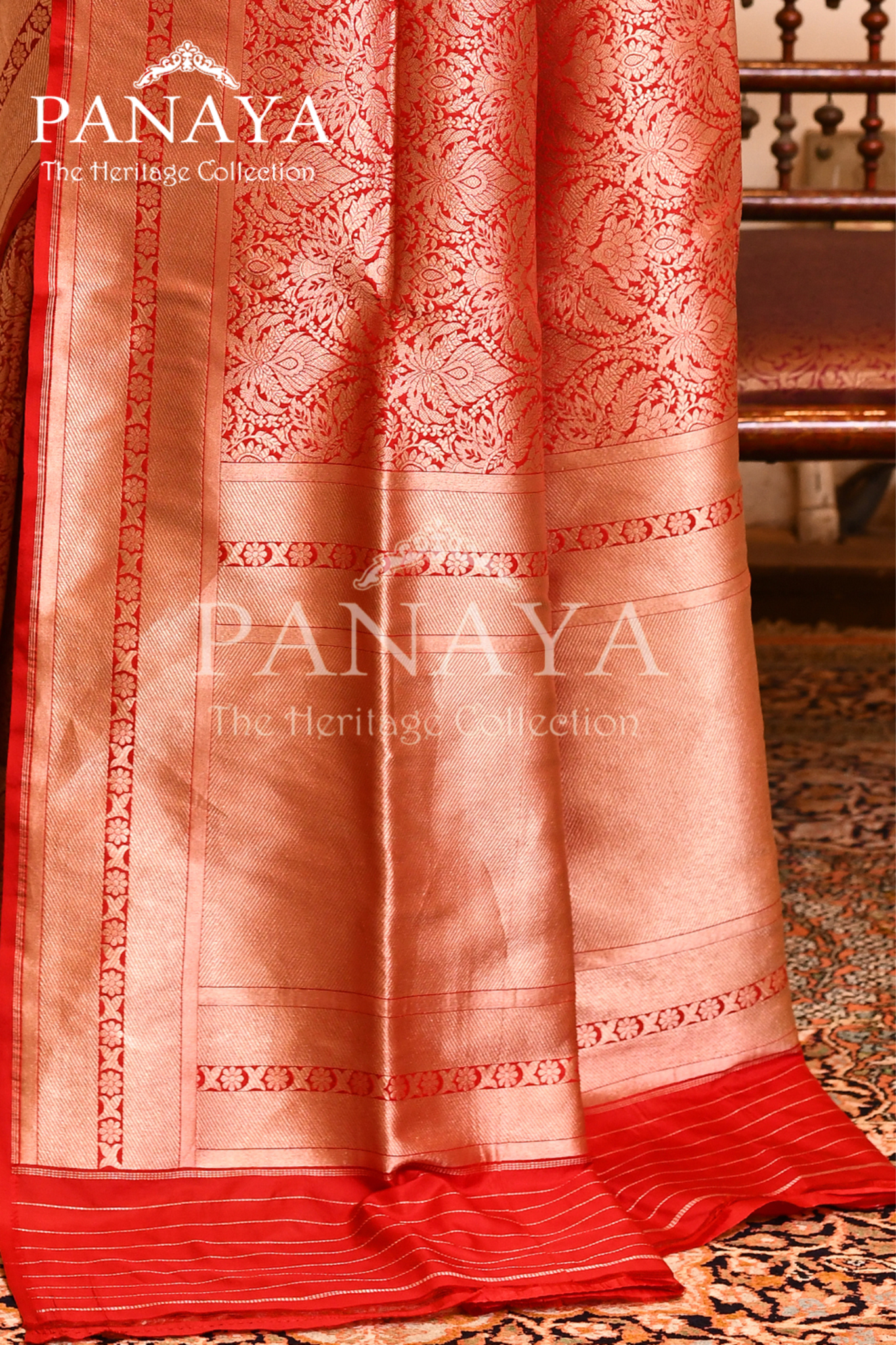 Saree Katan Silk Semi Handwoven with Banrasi Aanchal & Border with Gold & Silver Meenedar Jaal Design