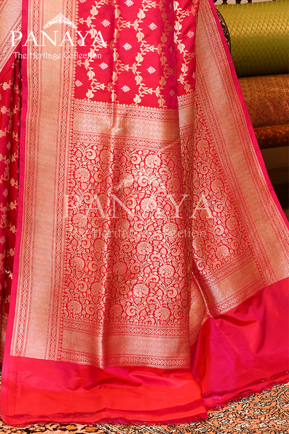Saree Katan Silk Handwoven with Banrasi Aanchal & Border with Gold & Silver  Jaal Design