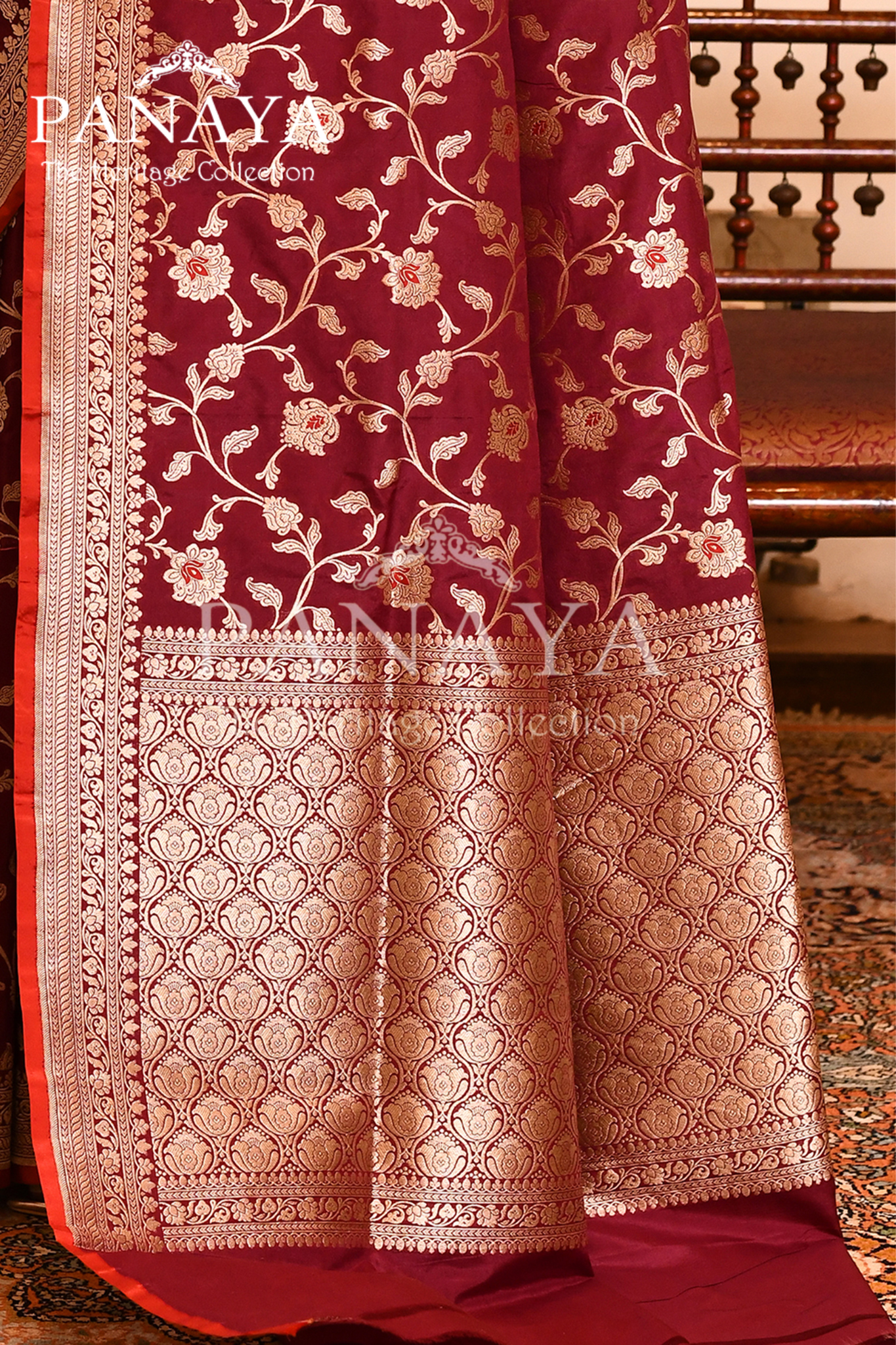Saree Katan Silk Semi Handwoven with Banrasi Aanchal & Border with Gold & Silver Meenedar Jaal Design