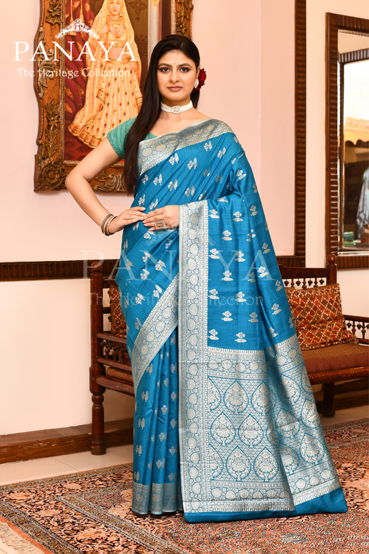 Saree Munga Silk Semi Handloom with Booti  Design with Banarasi aanchal & Border