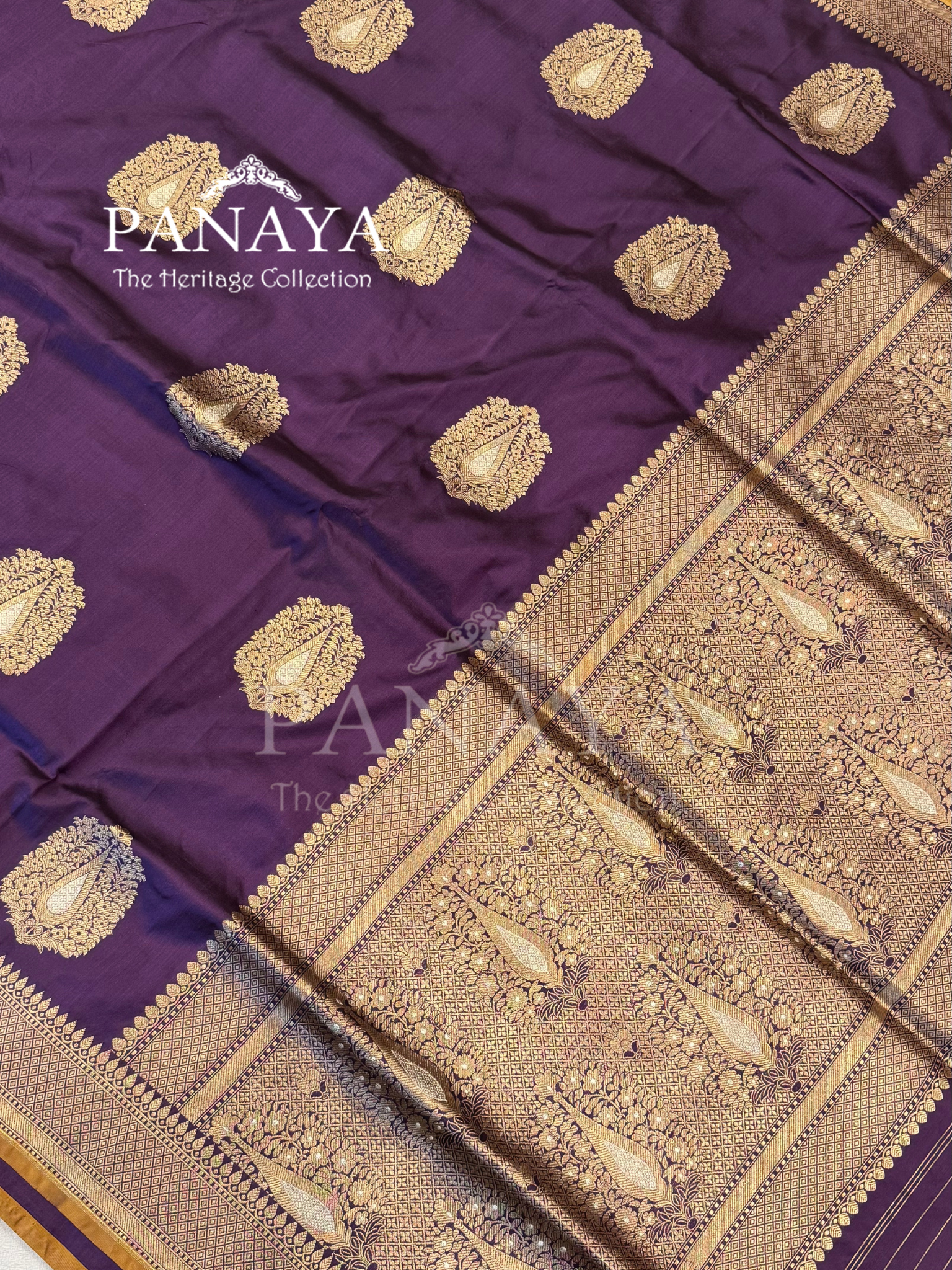 Saree Katan Silk Banarasi Aanchal Border with Gold & Silver Zari Antique Boota Design