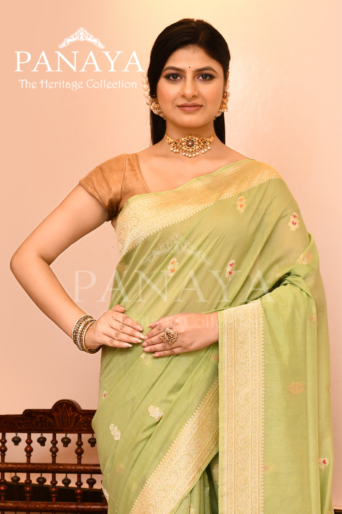 Saree Kora Cotton Silk With Banarasi aanchal & Border with Meenedar Booti