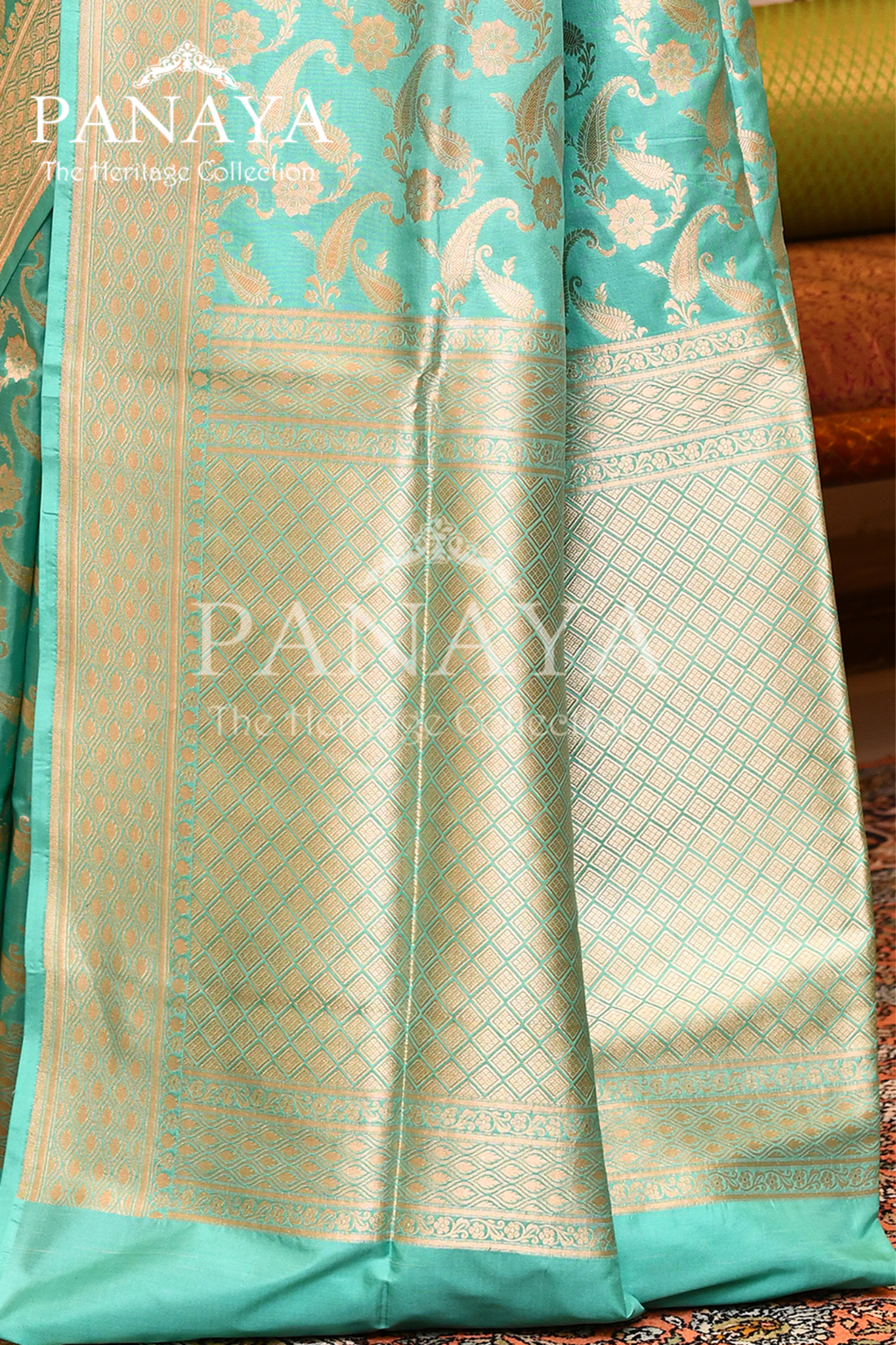 Saree Katan Silk Semi Handwoven with Banrasi Aanchal & Border with Gold & Silver  Jaal Design