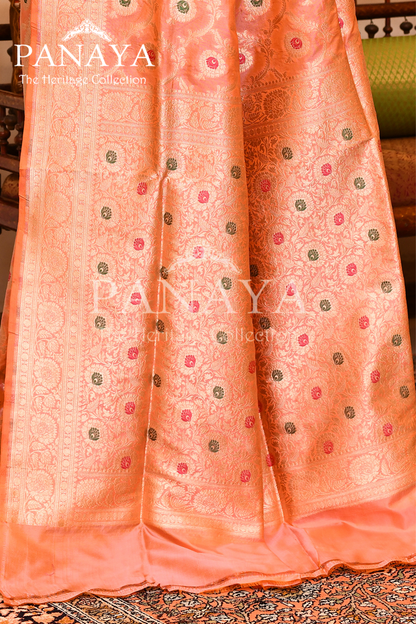 Saree Katan Silk Semi Handwoven with Banrasi Aanchal & Border with Gold & Silver Meenedar Jaal Design