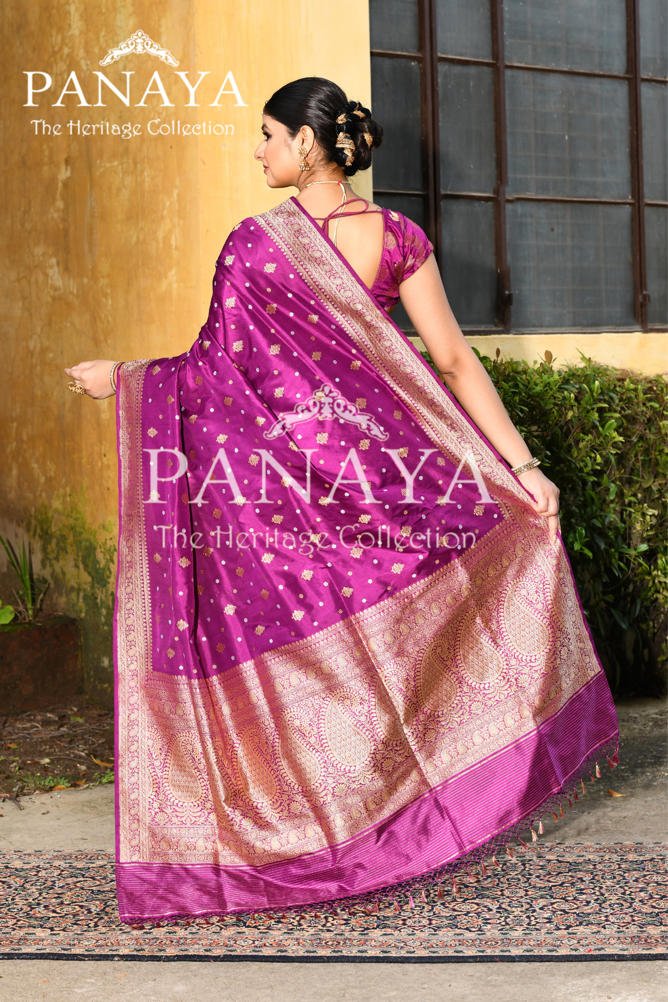 Saree Katan Silk Handwoven with Banrasi Aanchal & Border with Gold & Silver Booti