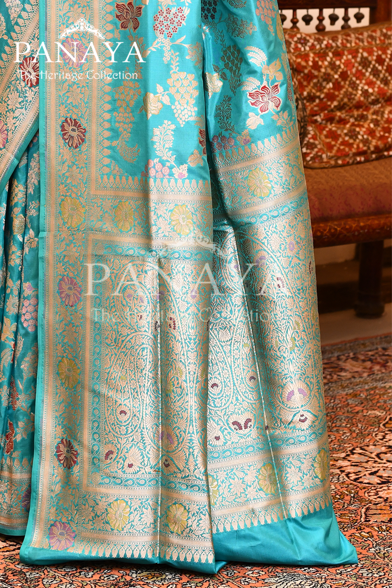 Saree Katan Silk Semi Handwoven with Banrasi Aanchal & Border with Gold & Silver Meenedar Jaal Design