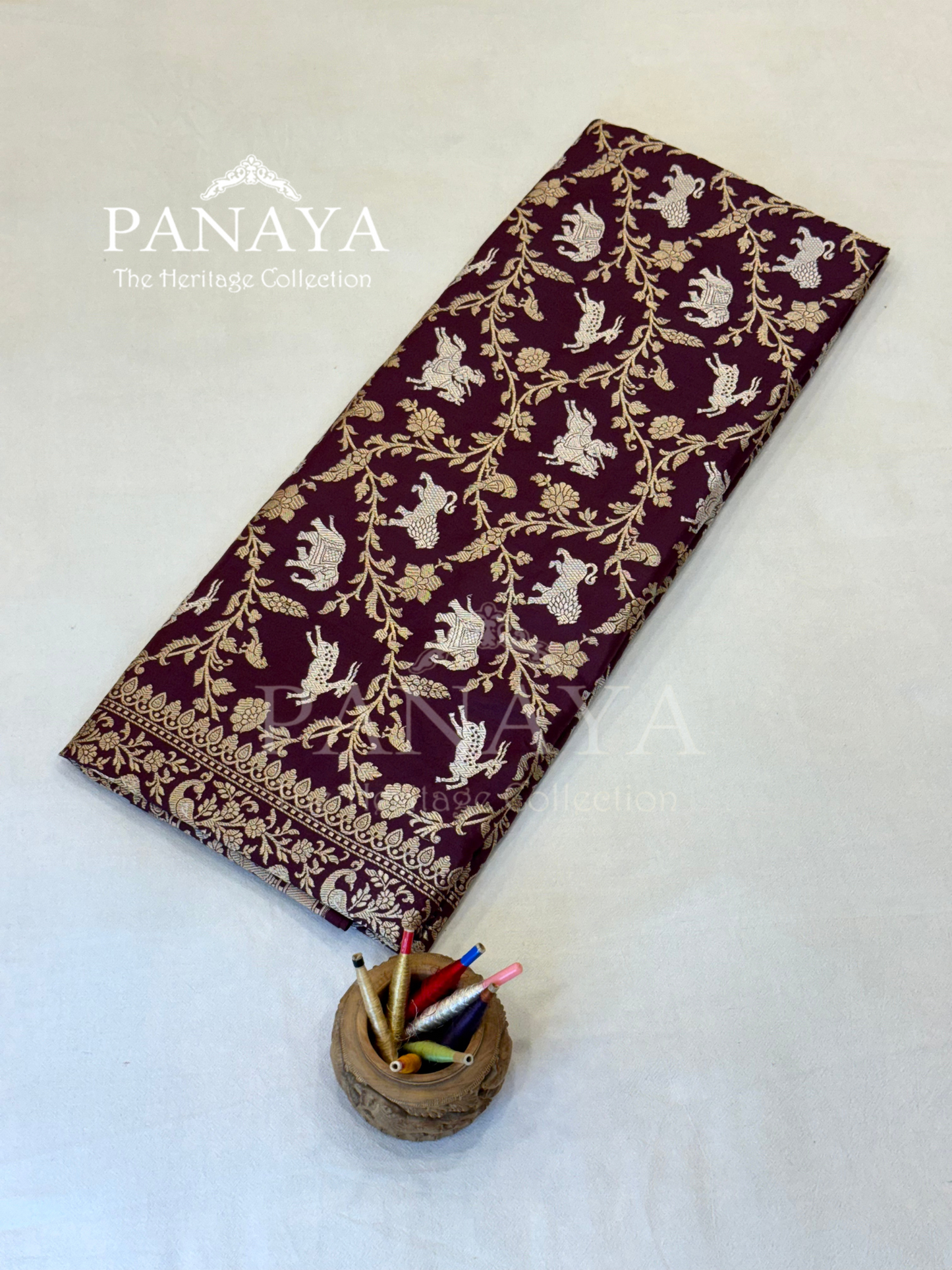 Saree Katan Silk Shikargah Design with Banarasi aanchal & Border with gold & Silver Zari Work
