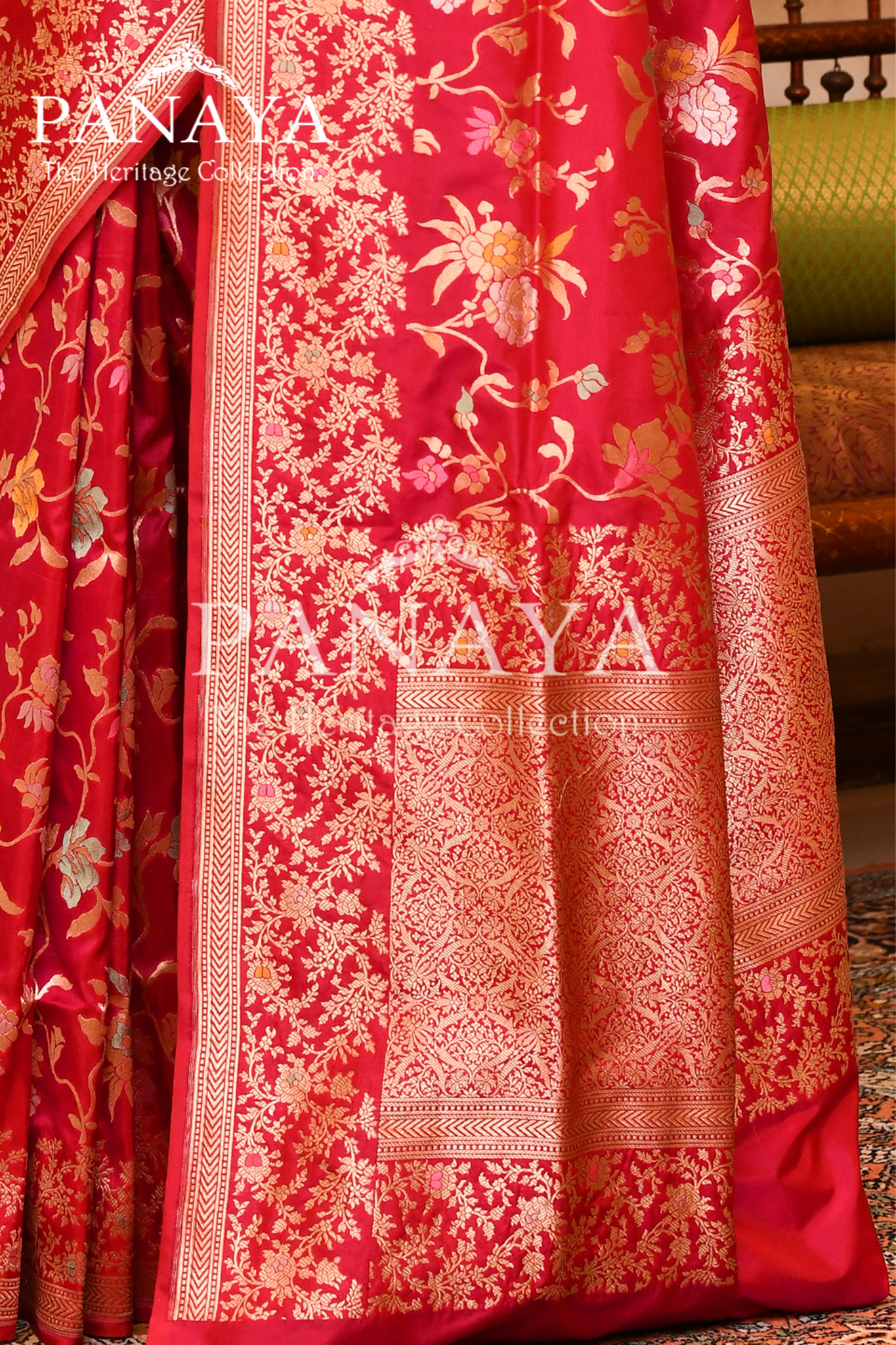 Saree Katan Silk Handwoven with Banrasi Aanchal & Border with Gold & Silver Meenedar Jaal Design