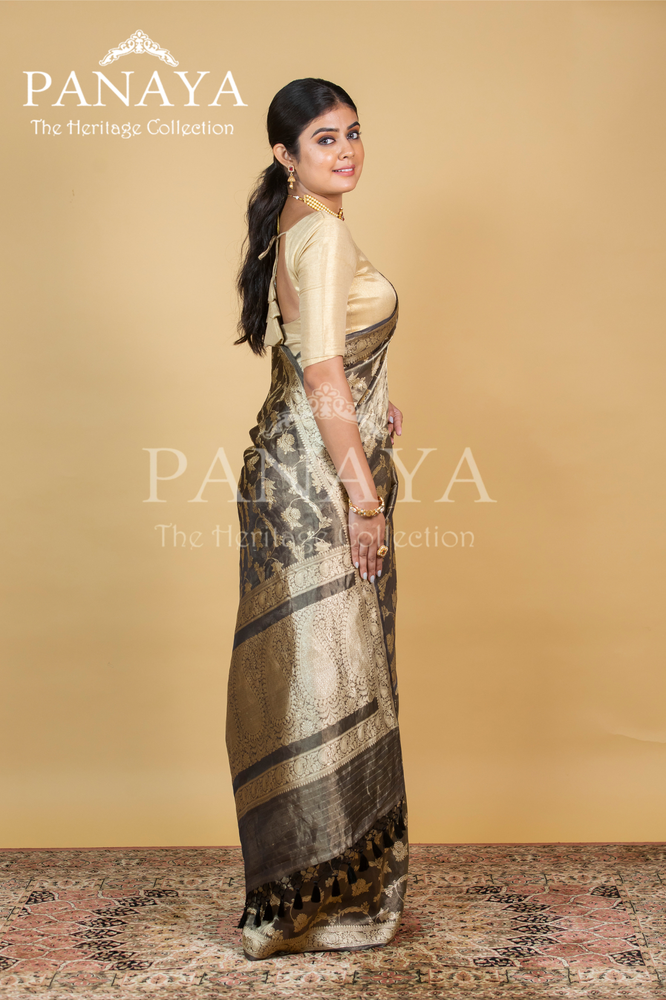 Tissue Silk Zaal Design With Gold Zari And Kairi Anchal