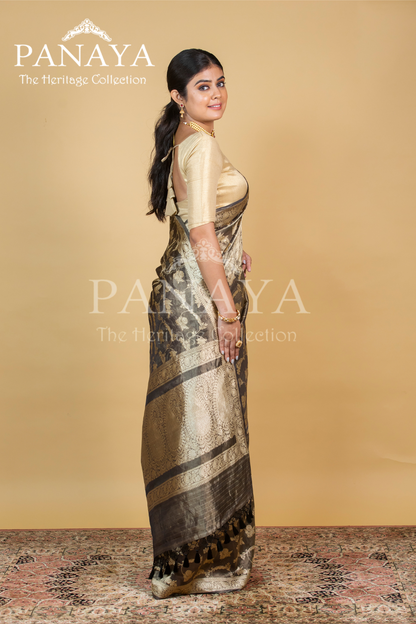 Tissue Silk Zaal Design With Gold Zari And Kairi Anchal
