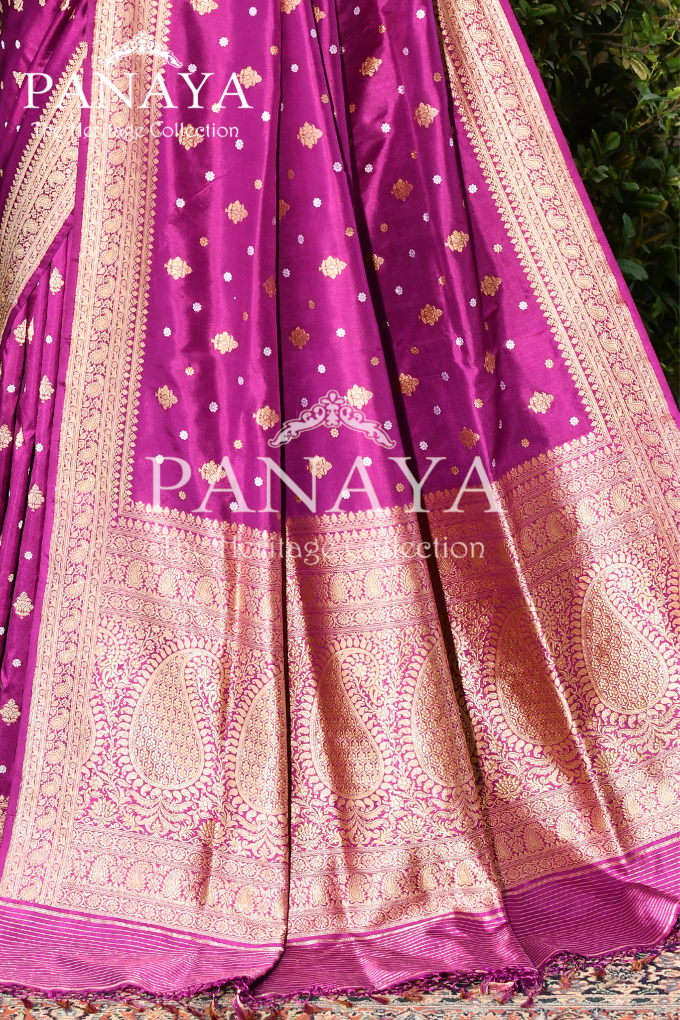 Saree Katan Silk Handwoven with Banrasi Aanchal & Border with Gold & Silver Booti