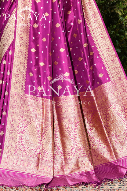 Saree Katan Silk Handwoven with Banrasi Aanchal & Border with Gold & Silver Booti