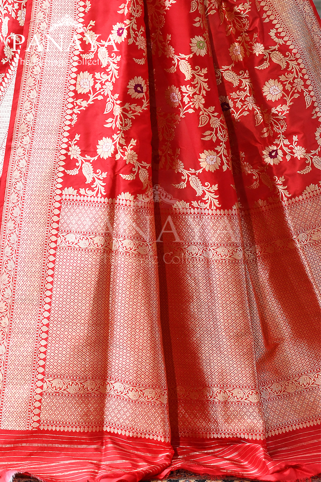 Saree Katan Silk Handwoven with Banrasi Aanchal & Border with Gold & Silver Meenedar Jaal Design
