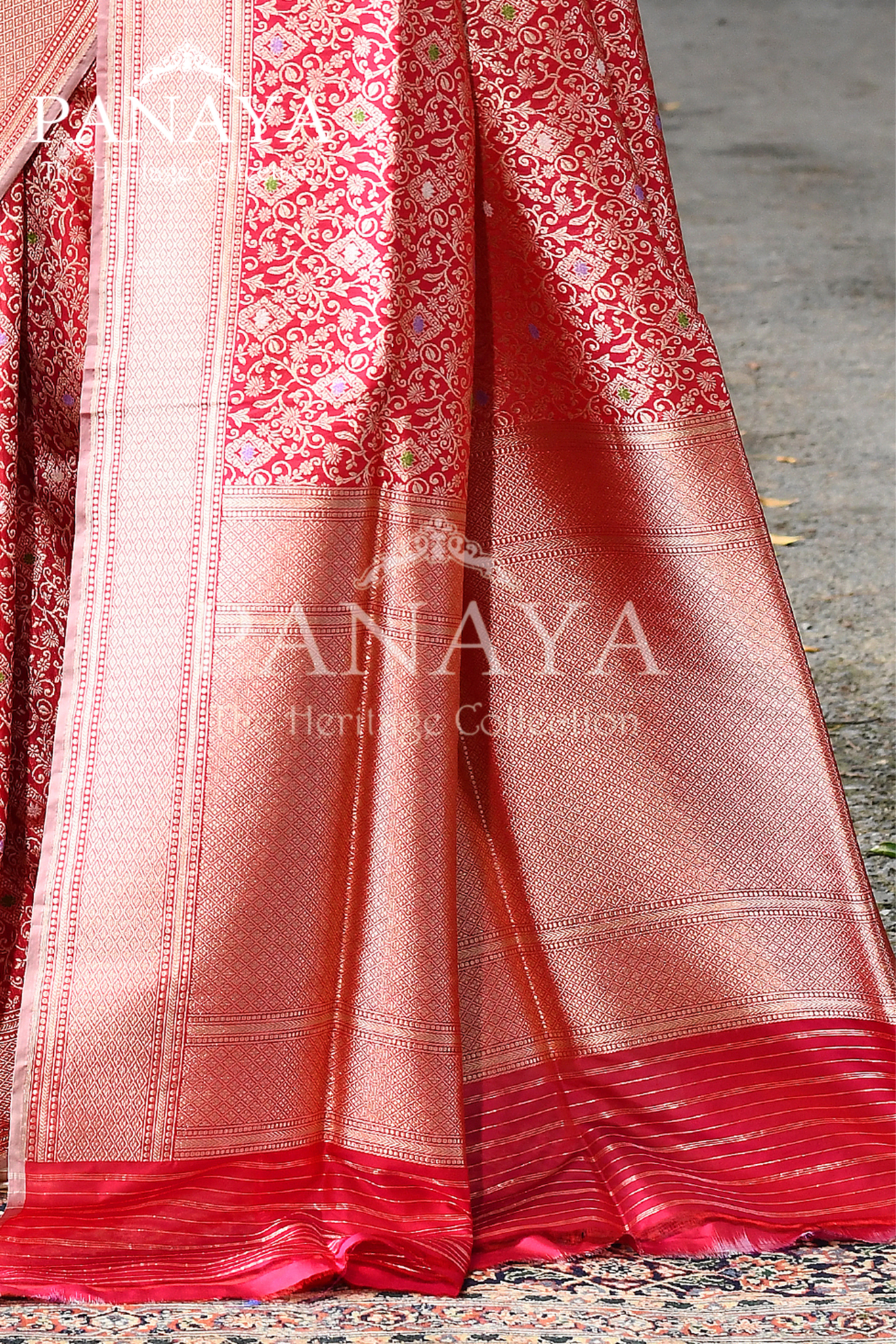 Saree Katan Silk Handwoven with Banrasi Aanchal & Border with Gold & Silver Meenedar Jaal Design