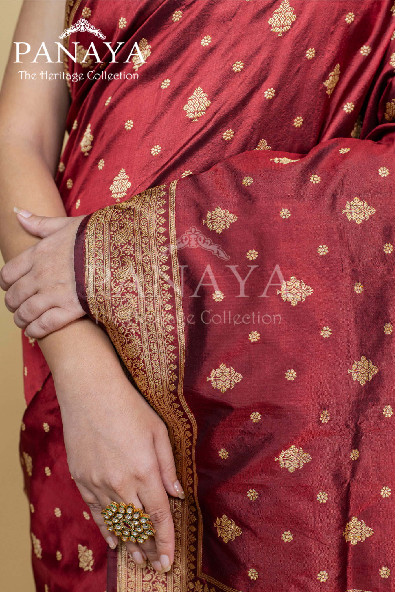 Handloom Katan Silk With Zaal Lace Buti Pattern Small And Large