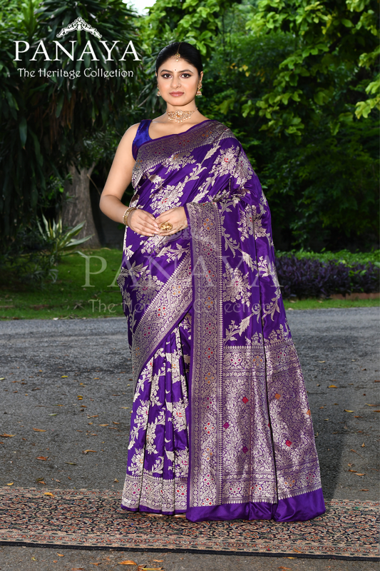 Saree Katan Silk Handwoven with Banrasi Aanchal & Border with Gold & Silver Meenedar Jaal Design