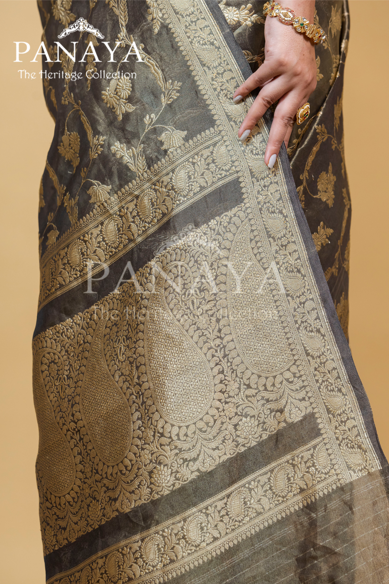 Tissue Silk Zaal Design With Gold Zari And Kairi Anchal