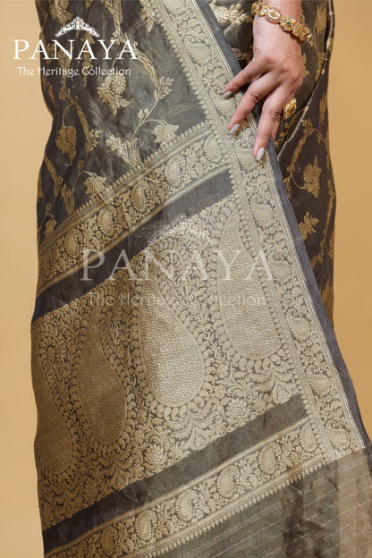 Tissue Silk Zaal Design With Gold Zari And Kairi Anchal