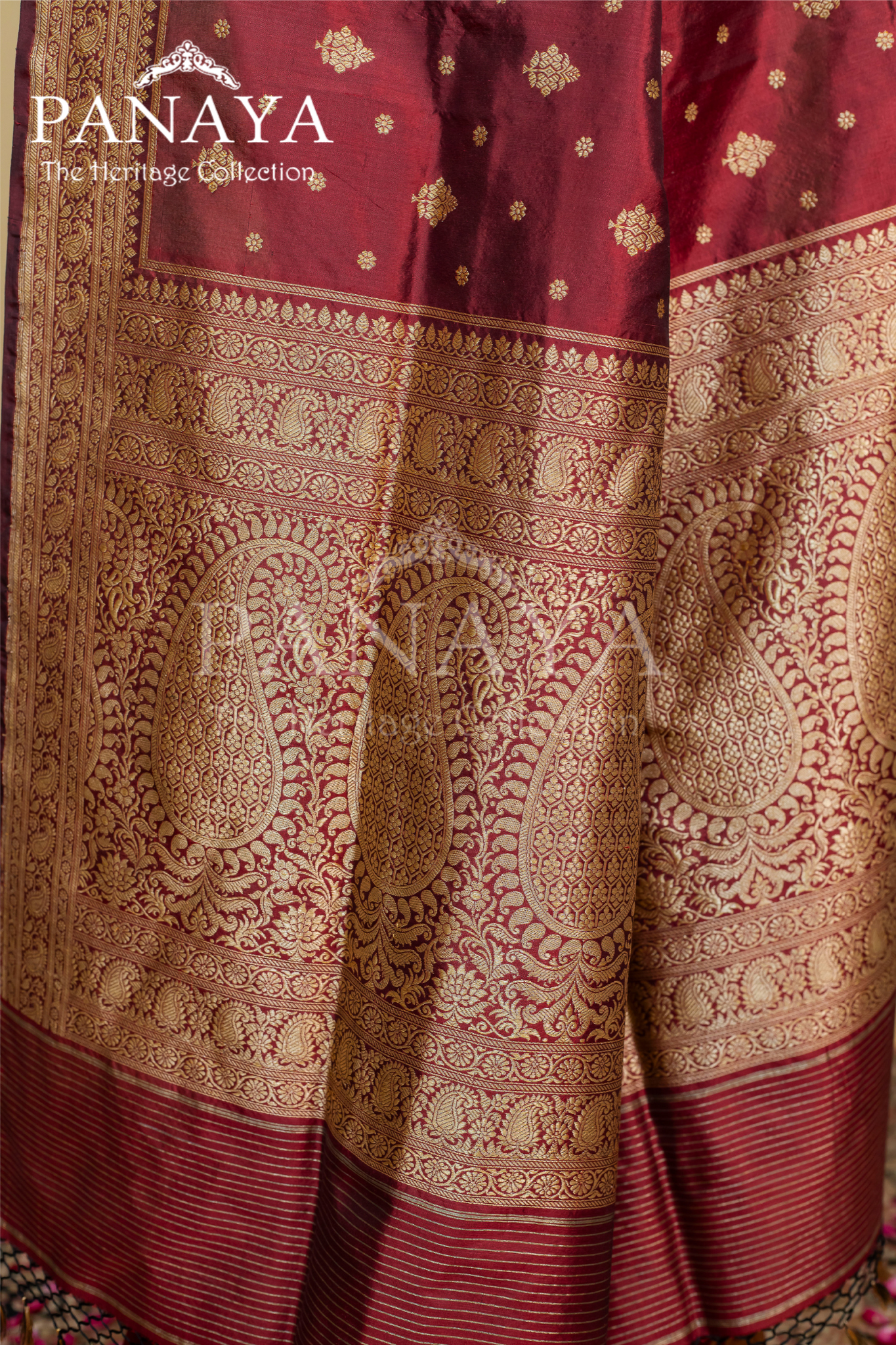 Handloom Katan Silk With Zaal Lace Buti Pattern Small And Large