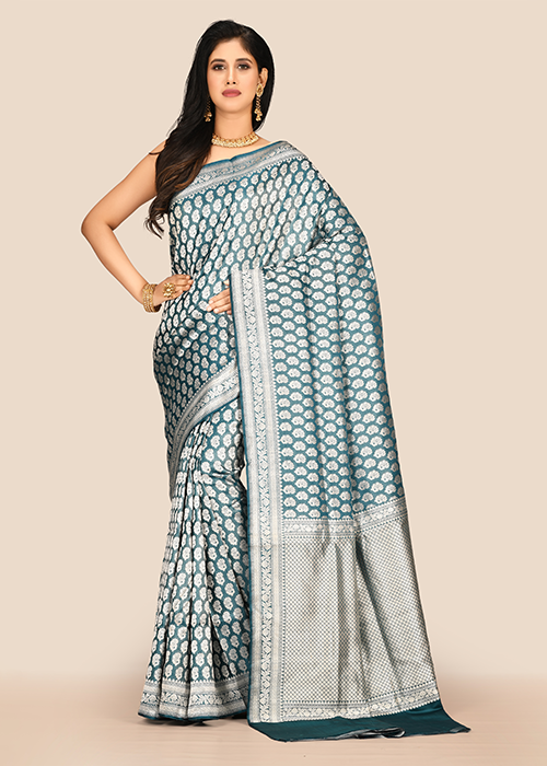 Blue Katan Silk Saree — Tanchui Booti