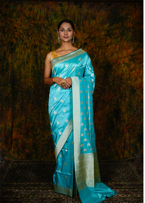Sky Blue Katan Silk Saree — Kadwa Booti