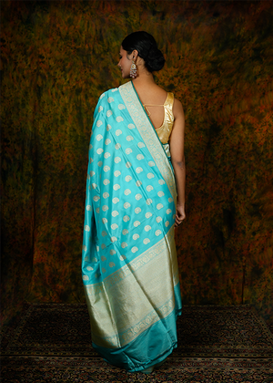 Sky Blue Katan Silk Saree — Kadwa Booti