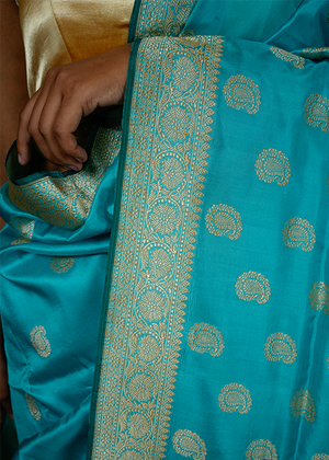 Sky Blue Katan Silk Saree — Kadwa Booti