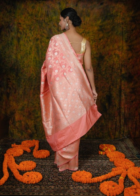 Peach Katan Pure Silk Cutwork Saree - Panaya 