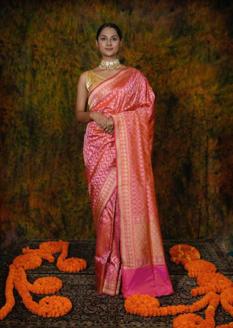 Pink Katan Pure Silk Saree - Panaya 