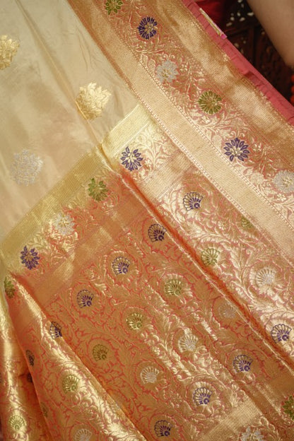 Cream Katan Pure Silk Saree - Panaya 