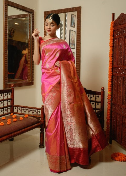 Pink Katan Pure Silk Saree - Panaya 