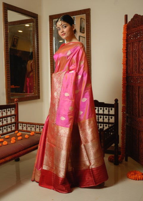 Pink Katan Pure Silk Saree - Panaya 