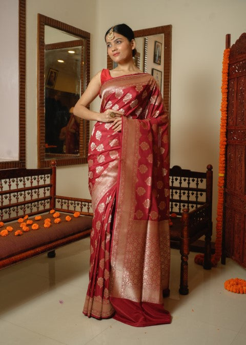 Maroon Katan Pure Silk Cutwork Saree - Panaya 