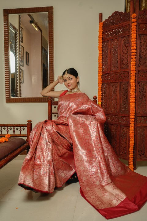 Red Katan Pure Silk Brocade Saree - Panaya 