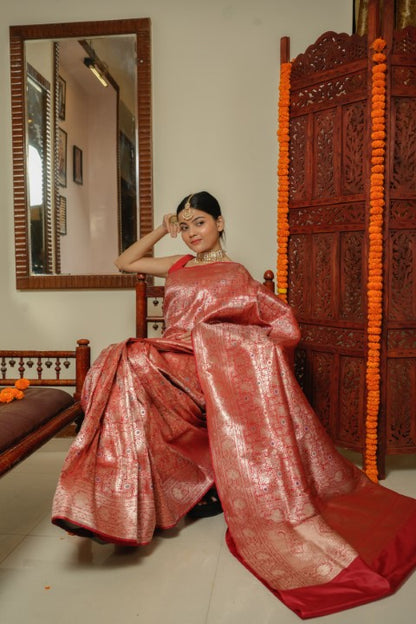 Red Katan Pure Silk Brocade Saree - Panaya 