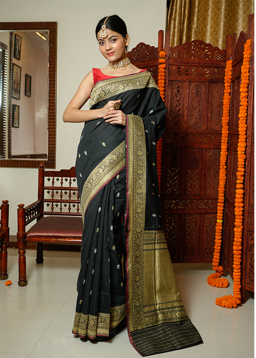 Black Cotton Banarasi Silk Saree - Kadwa Booti - The Panaya