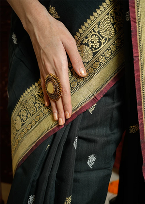 Black Cotton Banarasi Silk Saree - Kadwa Booti