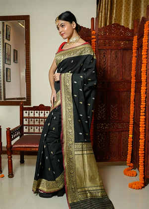 Black Cotton Banarasi Silk Saree - Kadwa Booti
