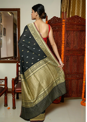 Black Cotton Banarasi Silk Saree - Kadwa Booti