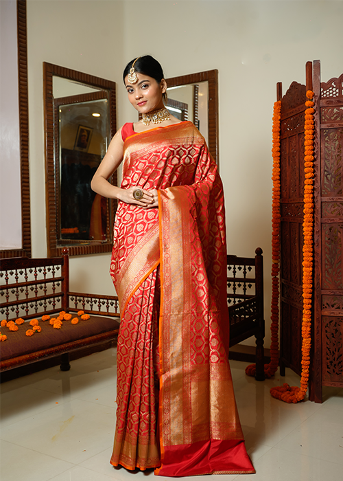 Red Katan Silk Saree — Cut Work Jaal