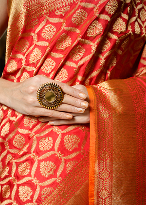 Red Katan Silk Saree — Cut Work Jaal