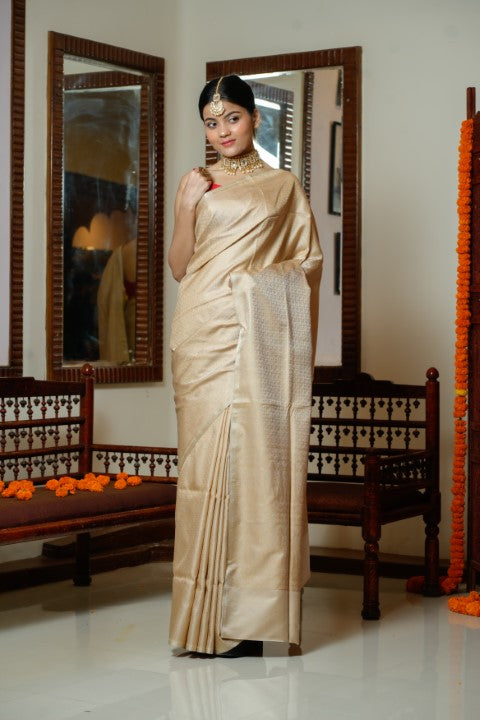 Cream Katan Pure Silk Saree