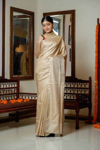 Cream Katan Pure Silk Saree - Panaya 