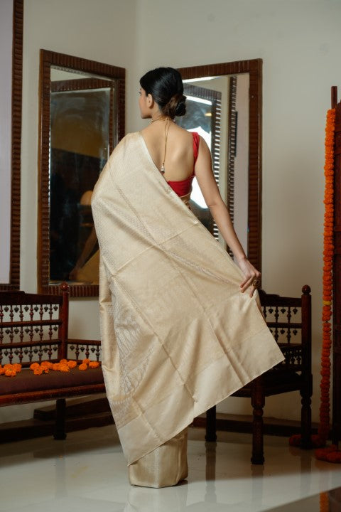 Cream Katan Pure Silk Saree