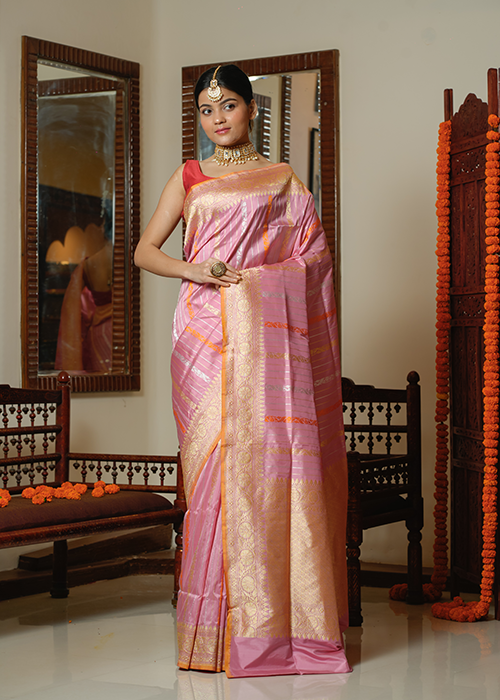Peach Katan Silk Saree — Kadwa Stripe