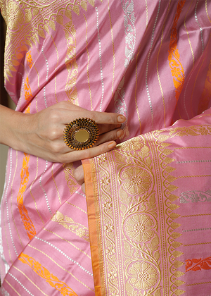 Peach Katan Silk Saree — Kadwa Stripe